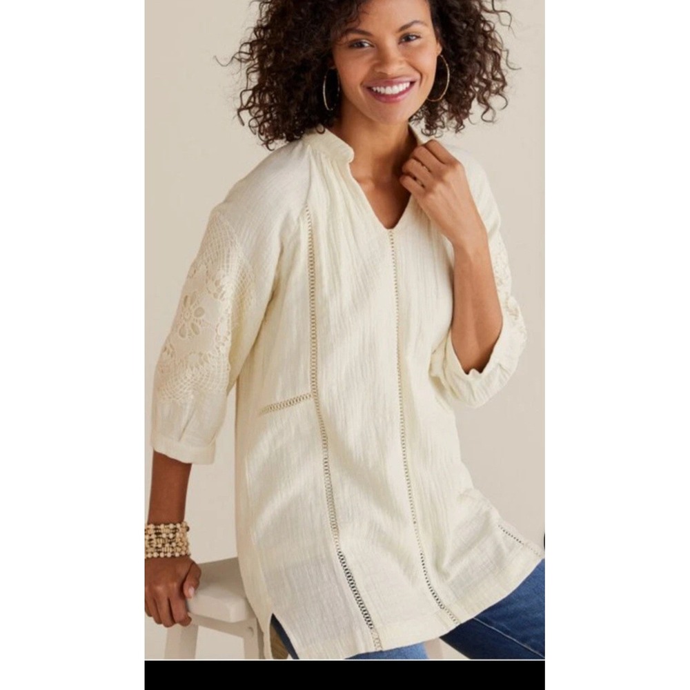 Soft Surroundings Magnolia Gauze Tunic Ivory Cream Embroidered Lace Cotton Small